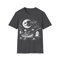 Macabre Threads Dark Heather Graveyard Drift T-Shirt – Whimsical Gothic Skeleton Boat Design