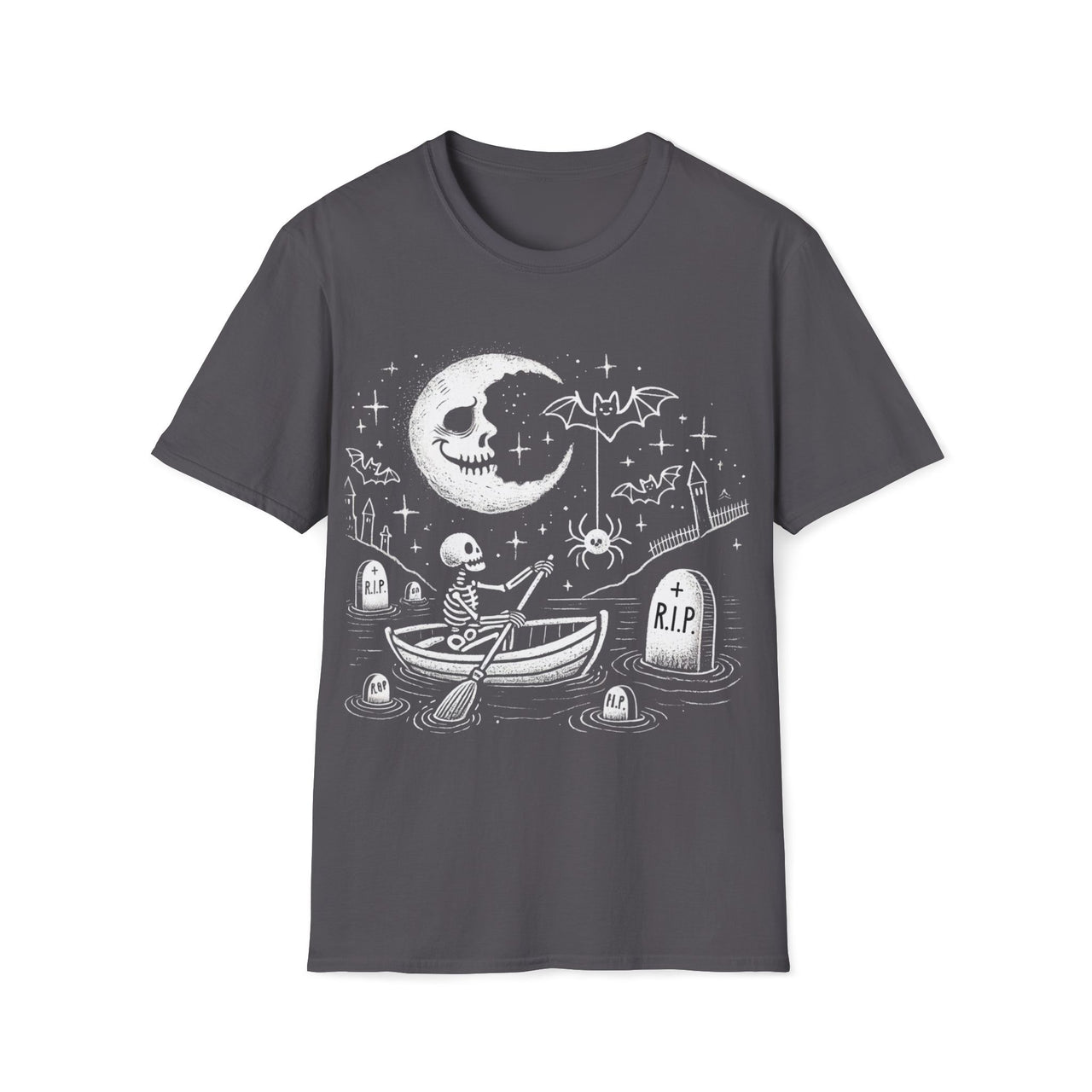 Macabre Threads Charcoal Graveyard Drift T-Shirt – Whimsical Gothic Skeleton Boat Design