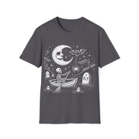 Macabre Threads Charcoal Graveyard Drift T-Shirt – Whimsical Gothic Skeleton Boat Design
