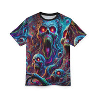 Macabre Threads Black stitching Echoes of the Damned All-Over Print T-Shirt – Surreal Skull Horror Tee