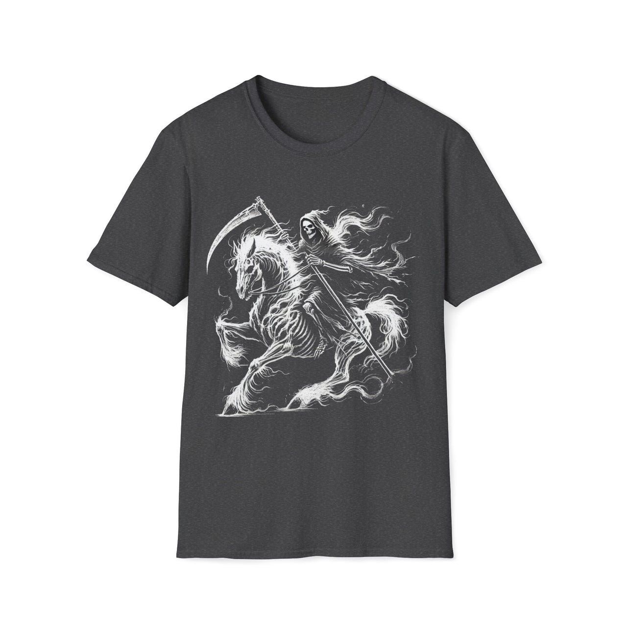 Macabre Threads Dark Heather Doomstead – Grim Reaper T-Shirt On Horseback