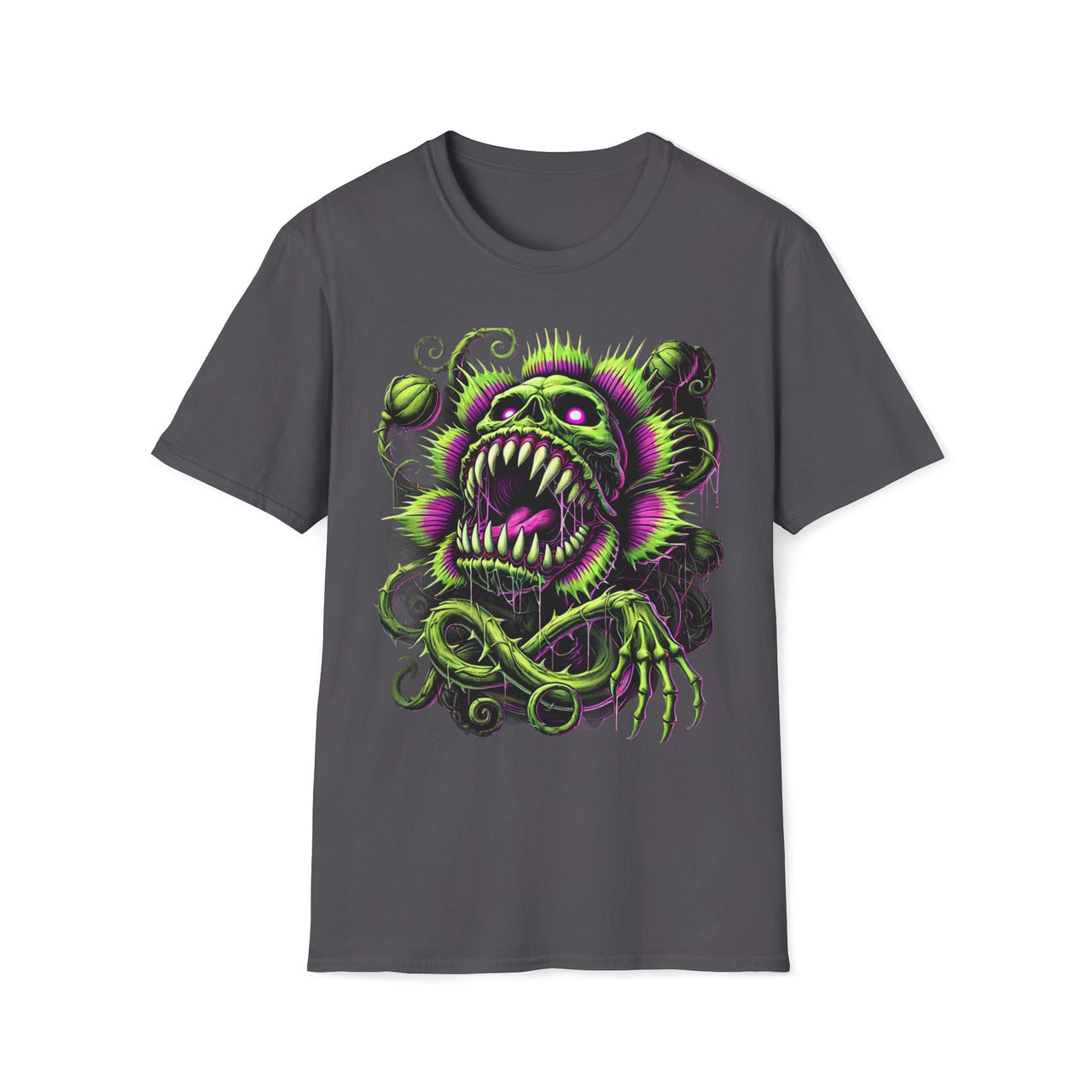 Macabre Threads Charcoal Gravevine Maw T-Shirt – Neon Skull Plant Monster Design