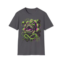 Macabre Threads Charcoal Gravevine Maw T-Shirt – Neon Skull Plant Monster Design