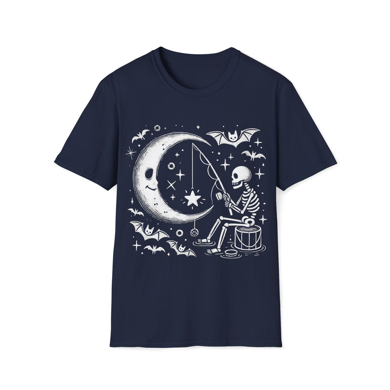 Macabre Threads Navy Starlight Catch T-Shirt – Whimsical Gothic Skeleton Design