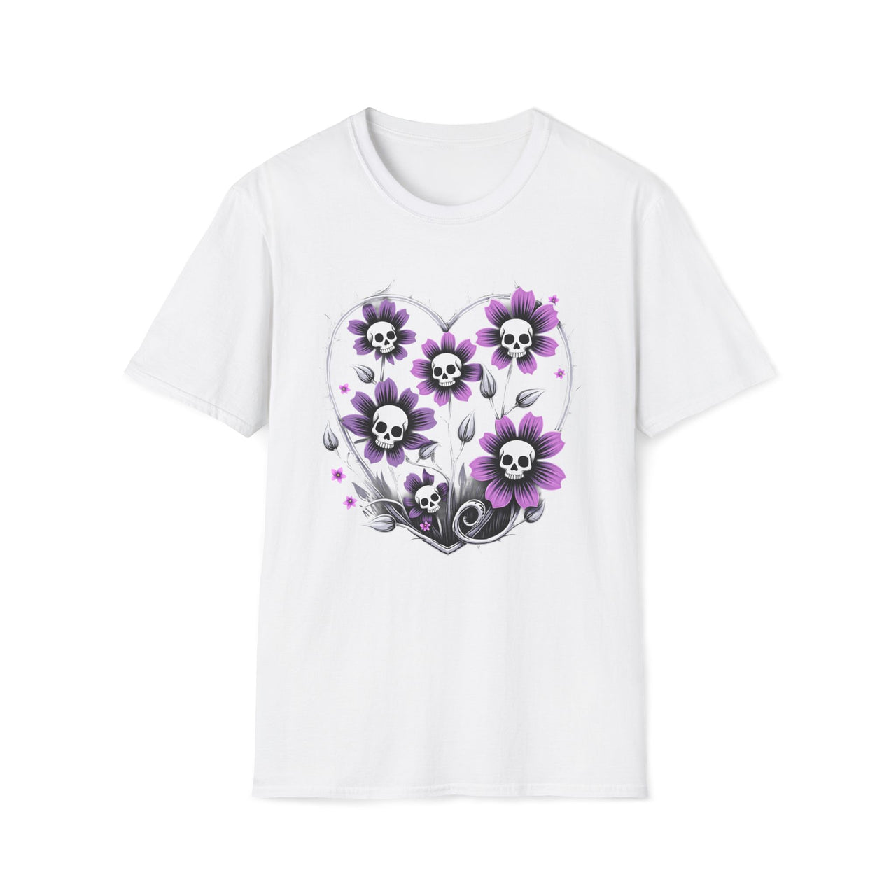 Macabre Threads White Grim Blooms – Skull Flower T-Shirt