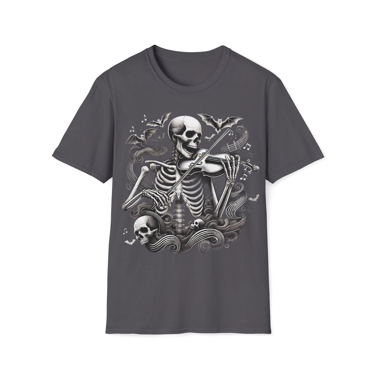 Macabre Threads Charcoal Bone Elegy T-Shirt – Skeleton Violinist Gothic Design