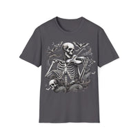 Macabre Threads Charcoal Bone Elegy T-Shirt – Skeleton Violinist Gothic Design