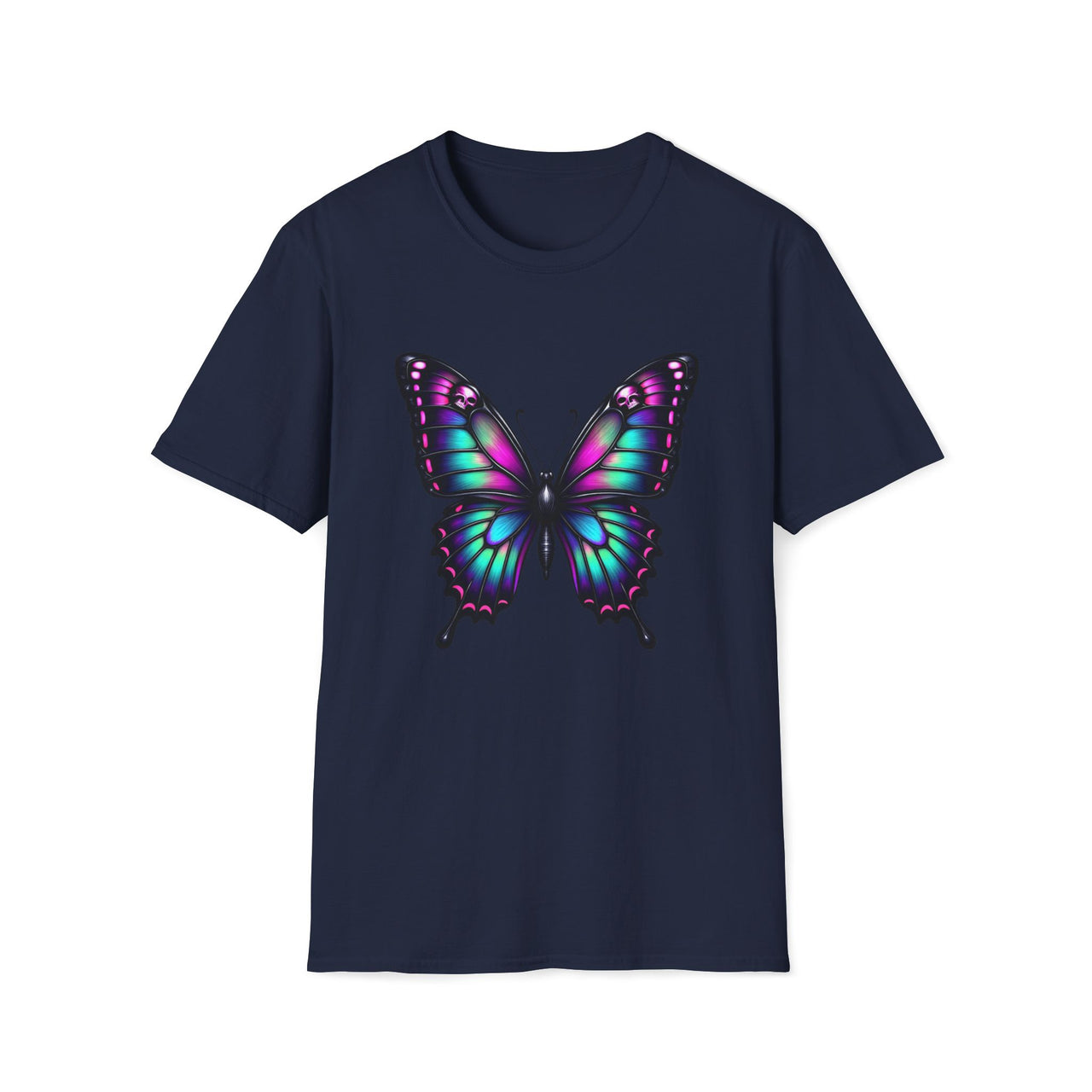 Macabre Threads Navy Psychedelic Butterfly T-Shirt – Gothic Neon Butterfly Graphic Tee