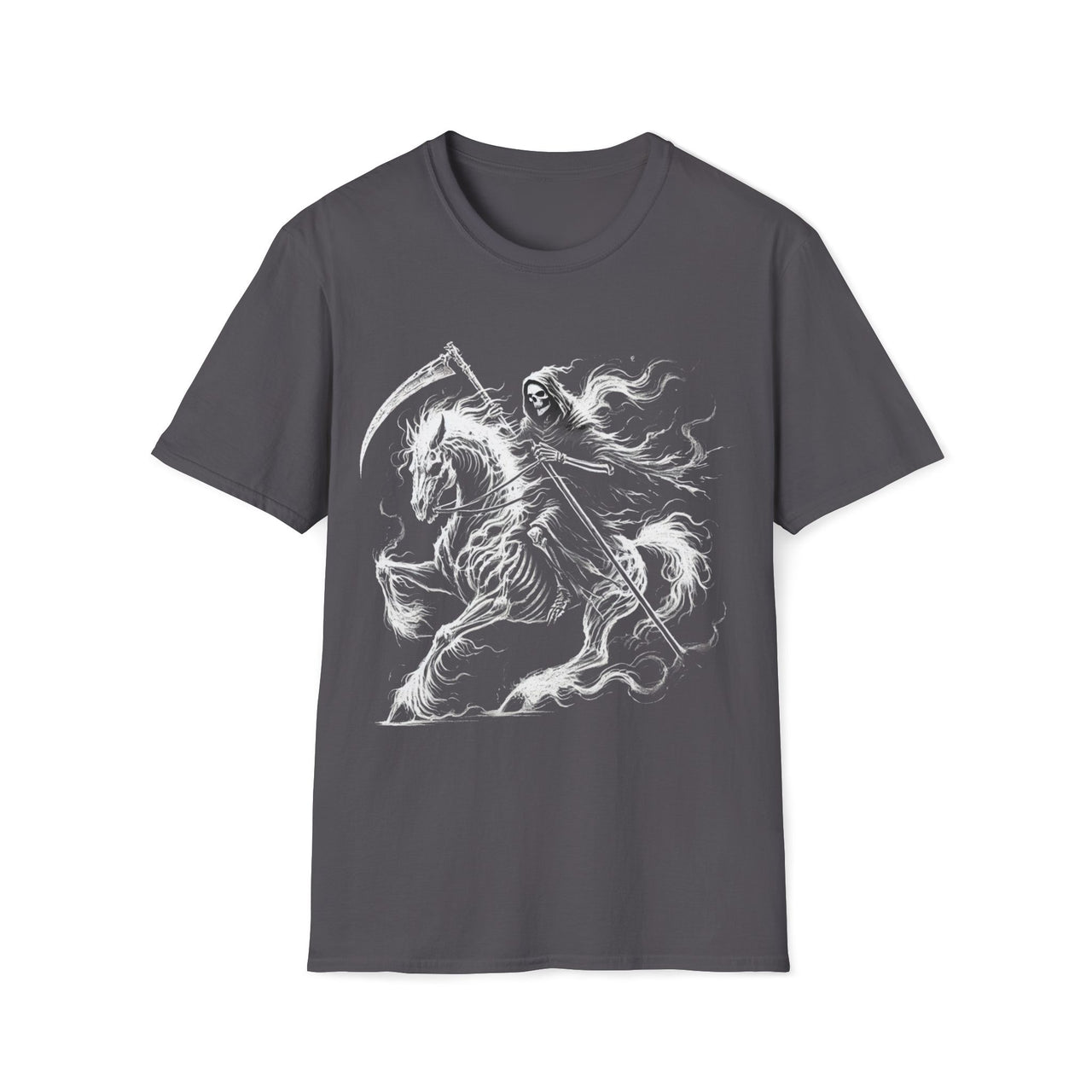 Macabre Threads Charcoal Doomstead – Grim Reaper T-Shirt On Horseback