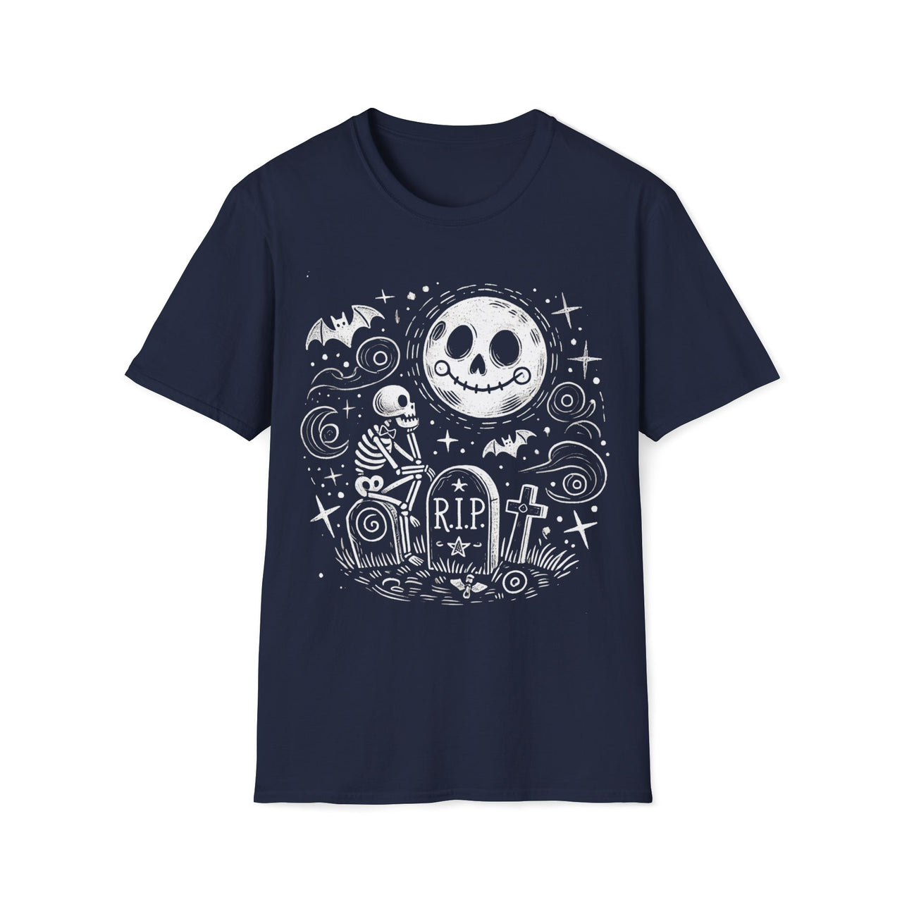 Macabre Threads Navy Moonlit Vigil T-Shirt – Whimsical Gothic Skeleton and Moon Design