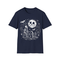 Macabre Threads Navy Moonlit Vigil T-Shirt – Whimsical Gothic Skeleton and Moon Design