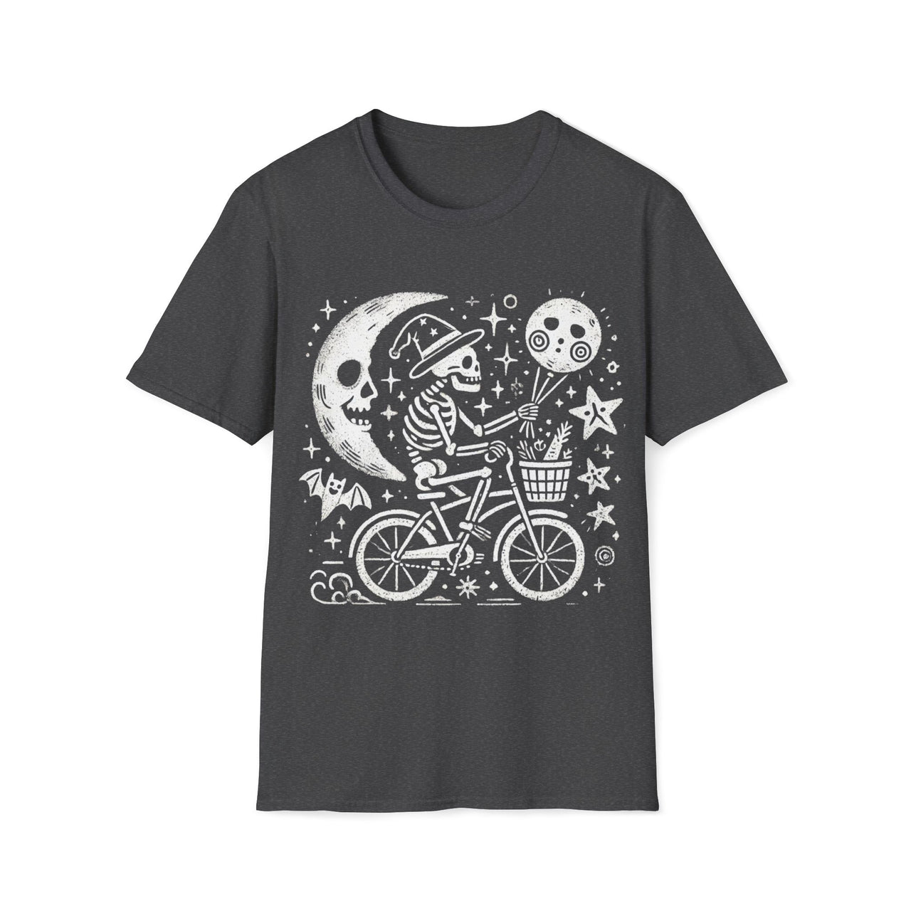 Macabre Threads Dark Heather Midnight Ride T-Shirt – Whimsical Gothic Skeleton Bicycle Design