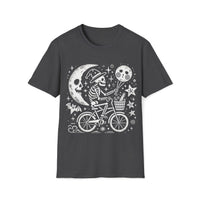 Macabre Threads Dark Heather Midnight Ride T-Shirt – Whimsical Gothic Skeleton Bicycle Design