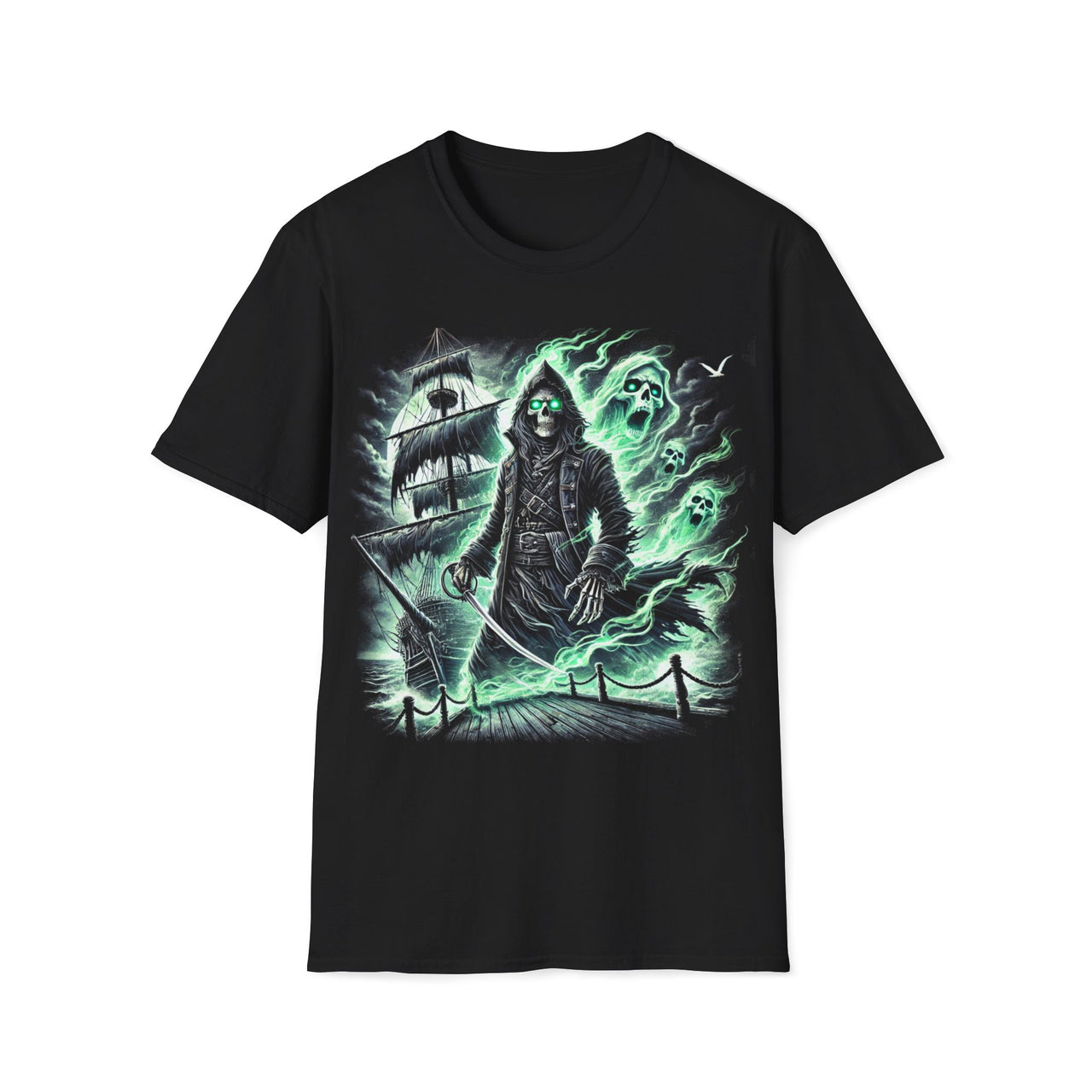 Macabre Threads Black Ghostwake – Grim Reaper T-Shirt With Ghost Ship