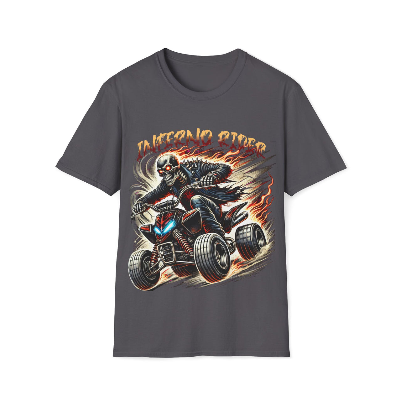 Macabre Threads Charcoal Inferno Rider - Fiery Skeleton on ATV Graphic Tee