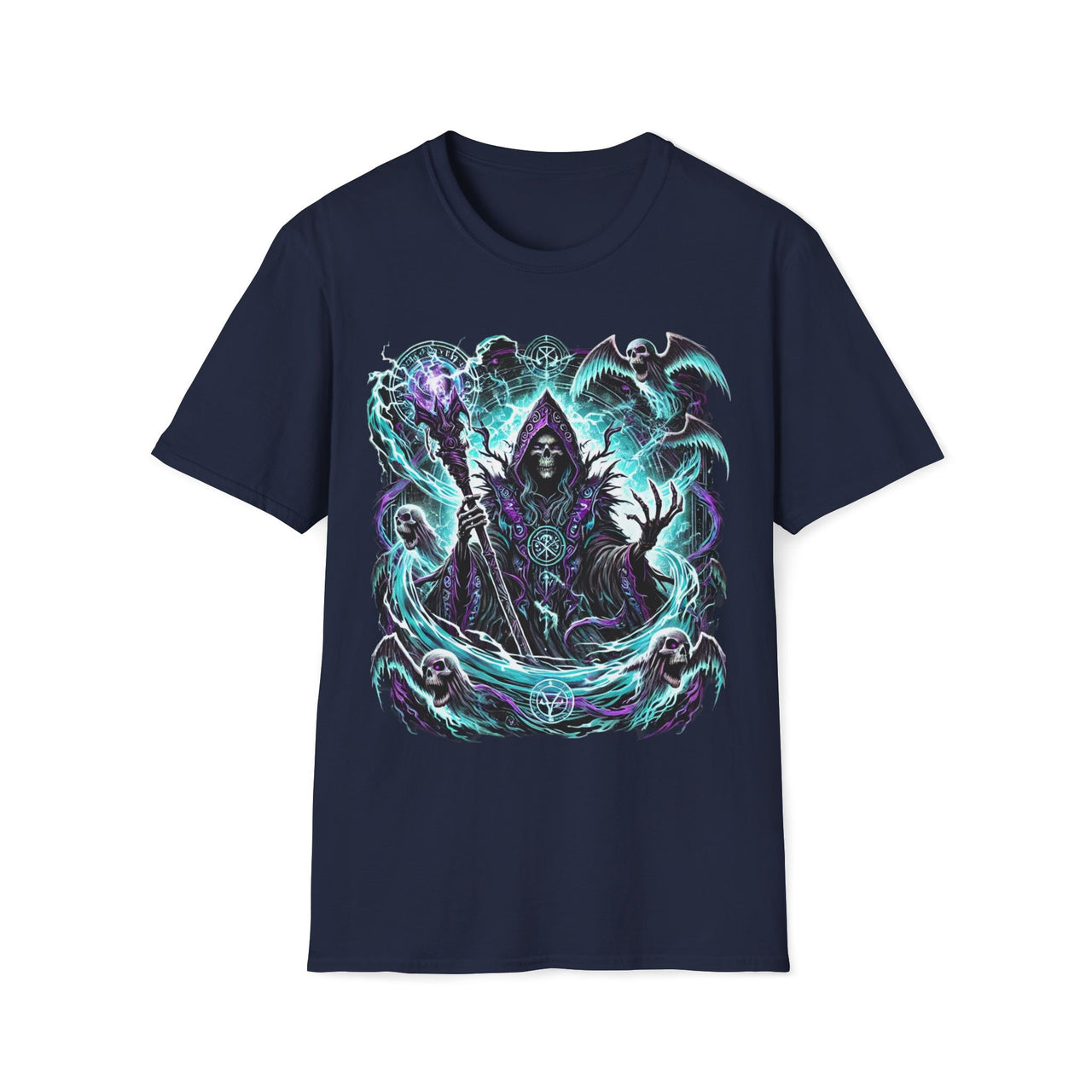 Macabre Threads Navy Spectral Sovereign – Grim Reaper Sorcerer T-Shirt