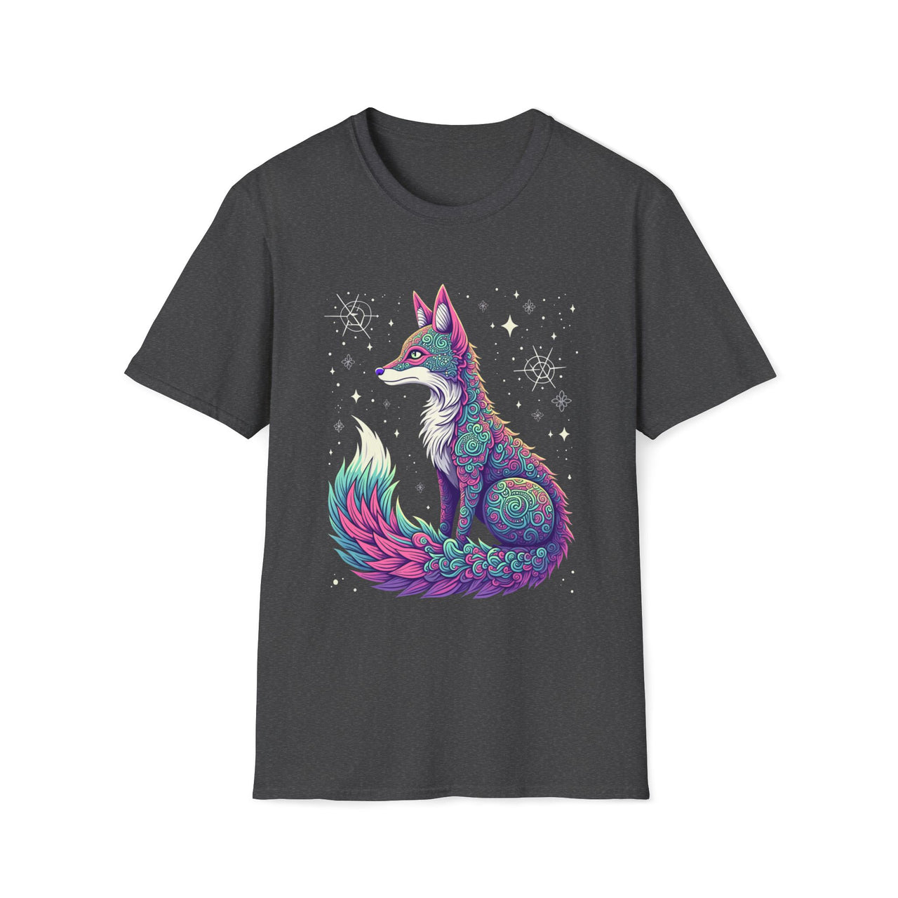 Macabre Threads Dark Heather Cosmic Fox T-Shirt – Mystical Neon Fox Graphic Tee