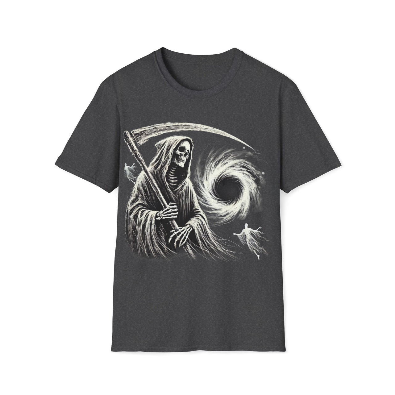 Macabre Threads Dark Heather Cosmic Descent – Grim Reaper Black Hole T-Shirt