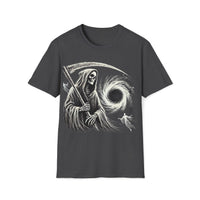 Macabre Threads Dark Heather Cosmic Descent – Grim Reaper Black Hole T-Shirt