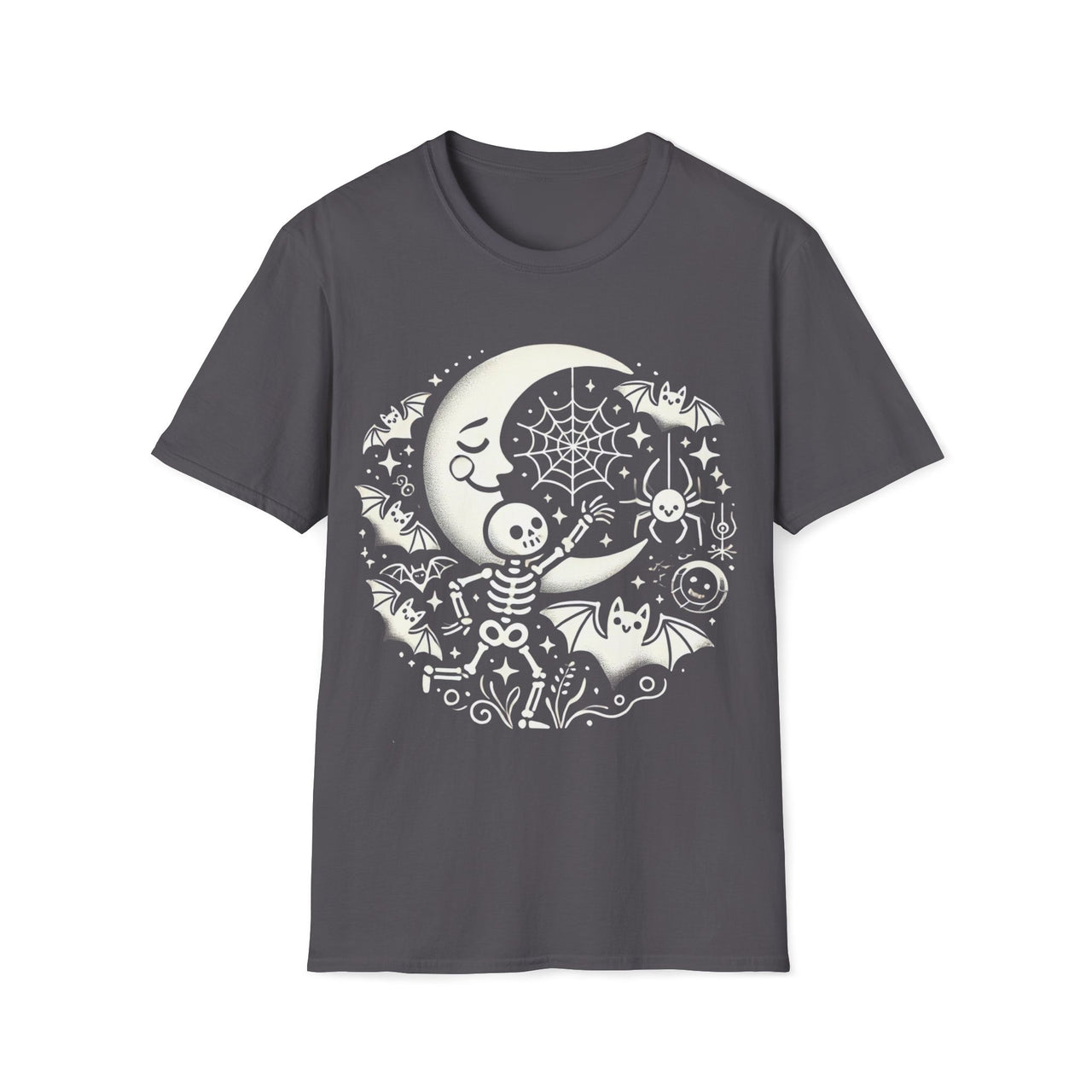 Macabre Threads Charcoal Celestial Play T-Shirt – Whimsical Skeleton and Moon Gothic Design