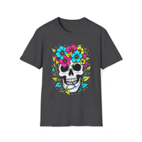Macabre Threads Dark Heather Floral Spiral Flower Crown Skull T Shirt – Colorful Gothic Tee