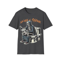 Macabre Threads Dark Heather Skull and Throne – Gothic Skeleton King T-Shirt
