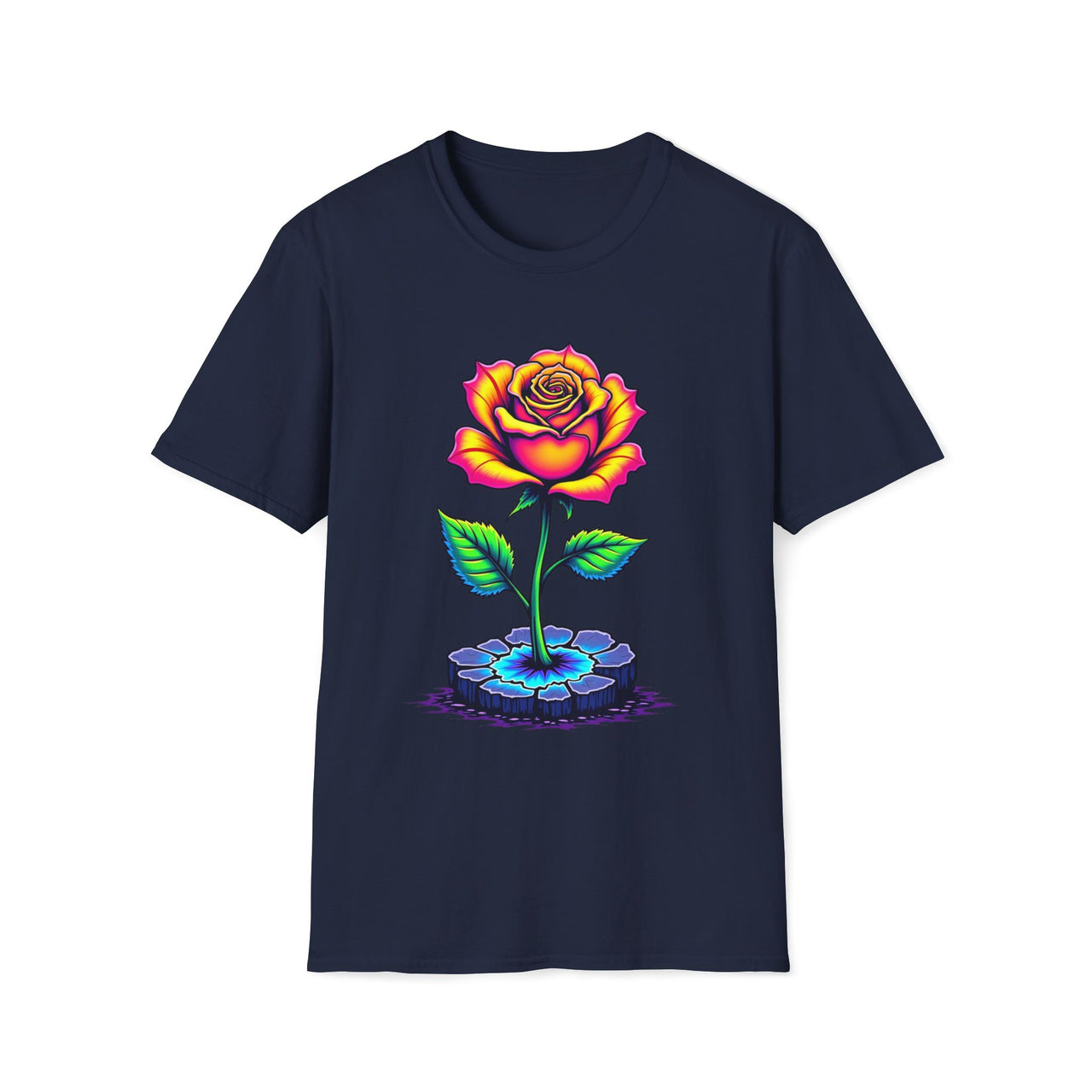 Macabre Threads Navy Aurora Blossom T-Shirt – Neon Rose Graphic Tee