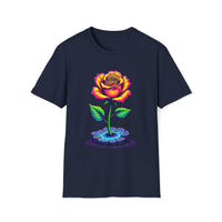 Macabre Threads Navy Aurora Blossom T-Shirt – Neon Rose Graphic Tee