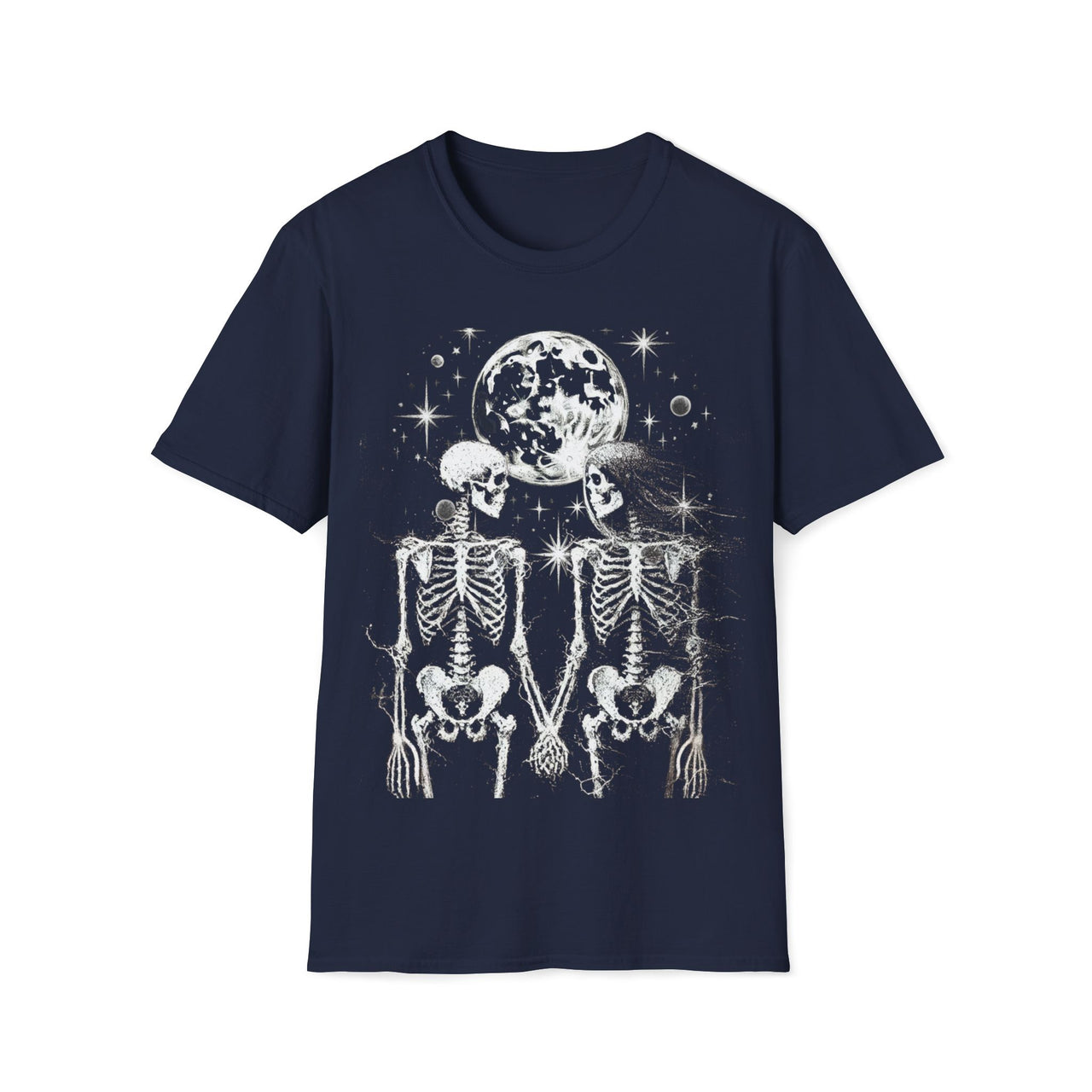 Macabre Threads Navy Eternal Soulmates T-Shirt – Gothic Skeleton Lovers Under the Moon