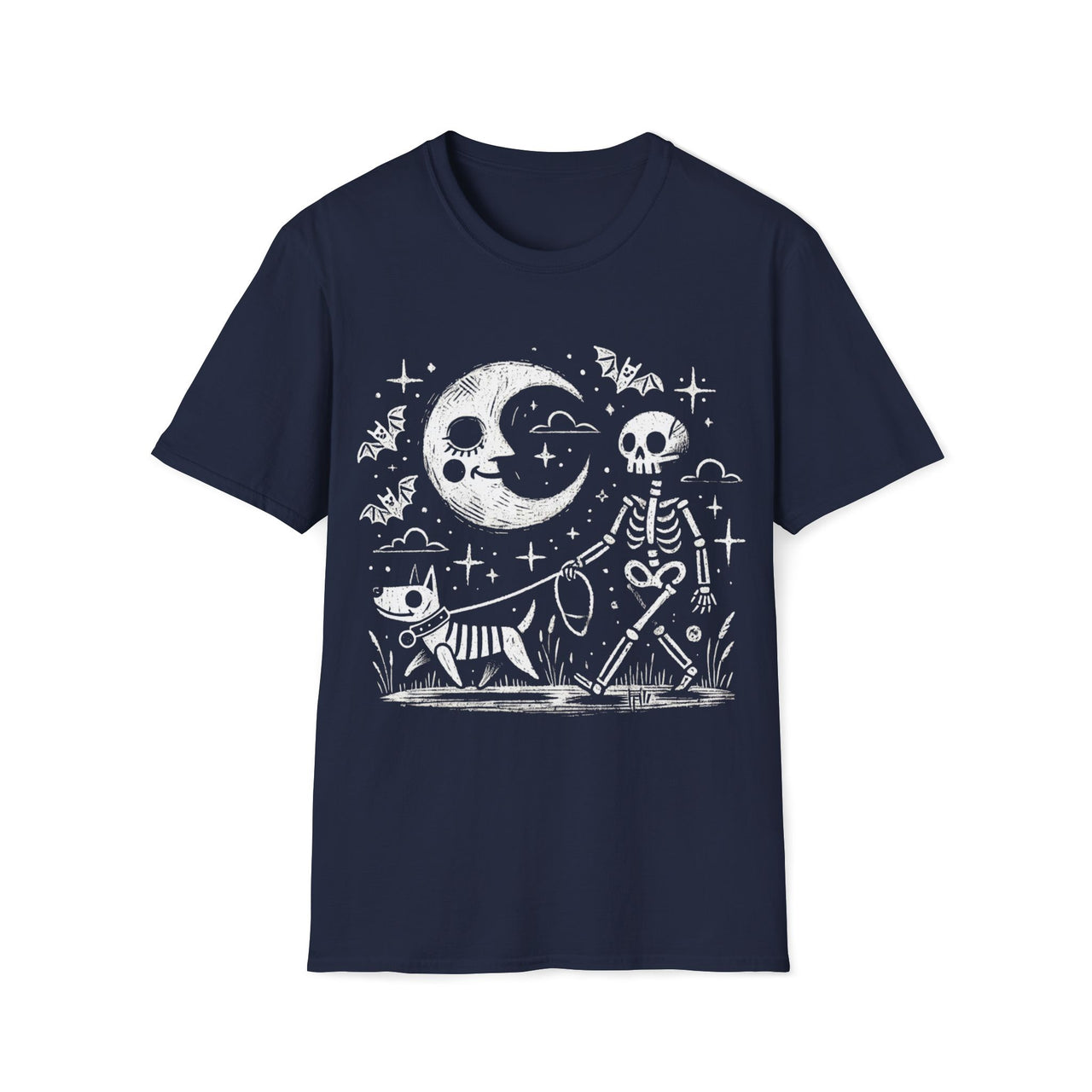 Macabre Threads Navy Midnight Stroll T-Shirt – Whimsical Gothic Skeleton and Dog Design