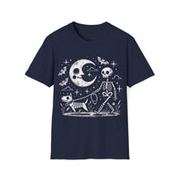Macabre Threads Navy Midnight Stroll T-Shirt – Whimsical Gothic Skeleton and Dog Design