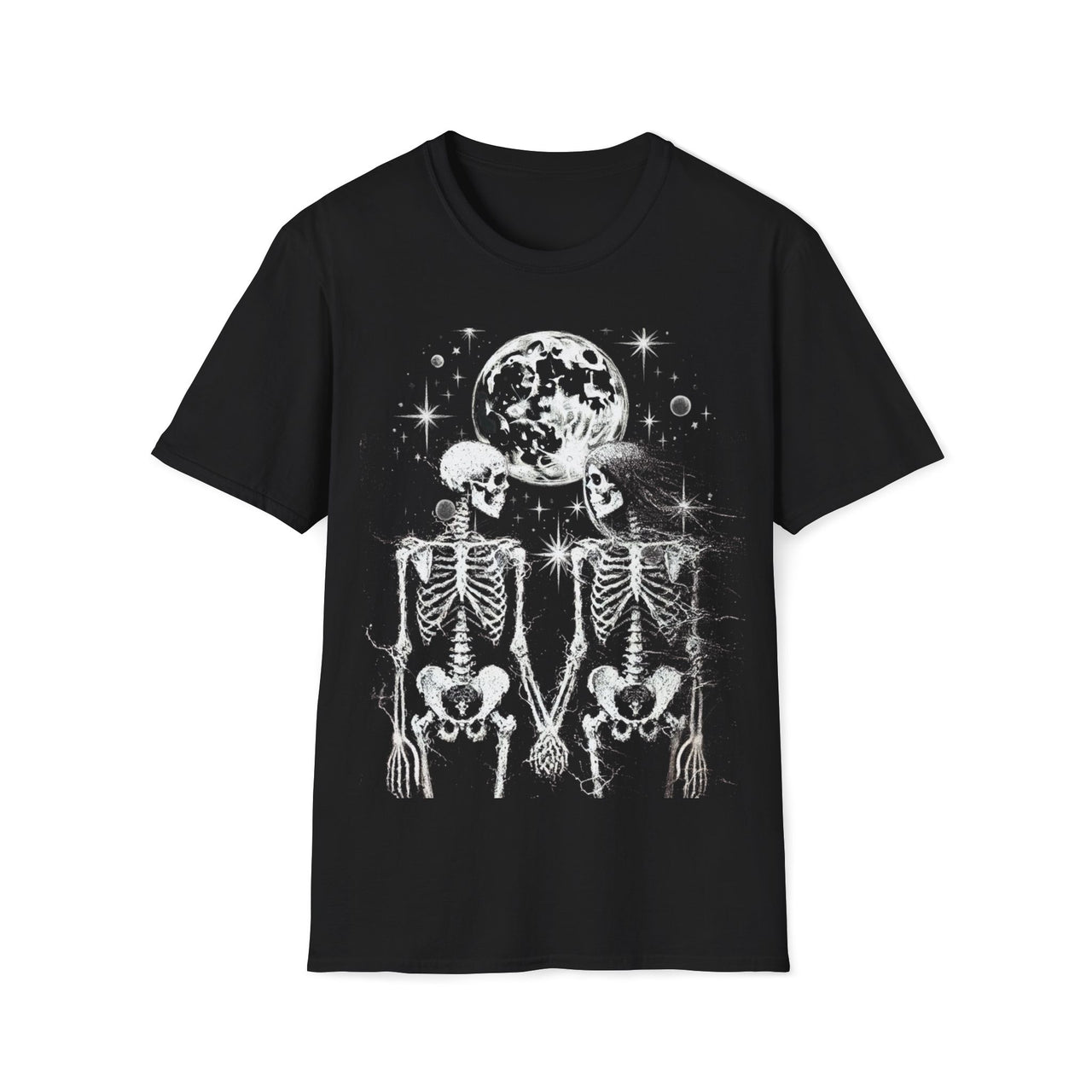 Macabre Threads Black Eternal Soulmates T-Shirt – Gothic Skeleton Lovers Under the Moon