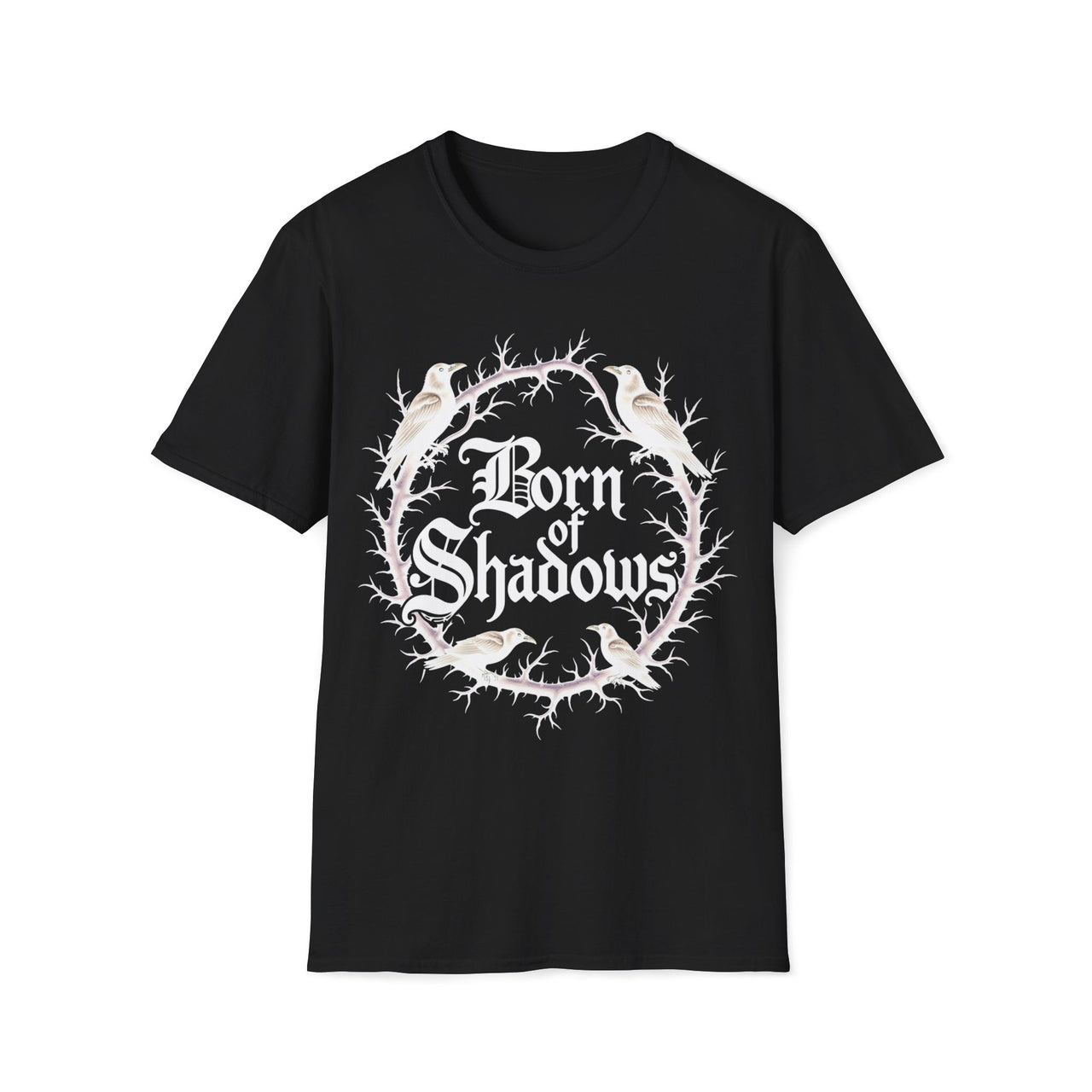 Macabre Threads Black Shadow Born T-Shirt – Gothic Typography and Crow Design