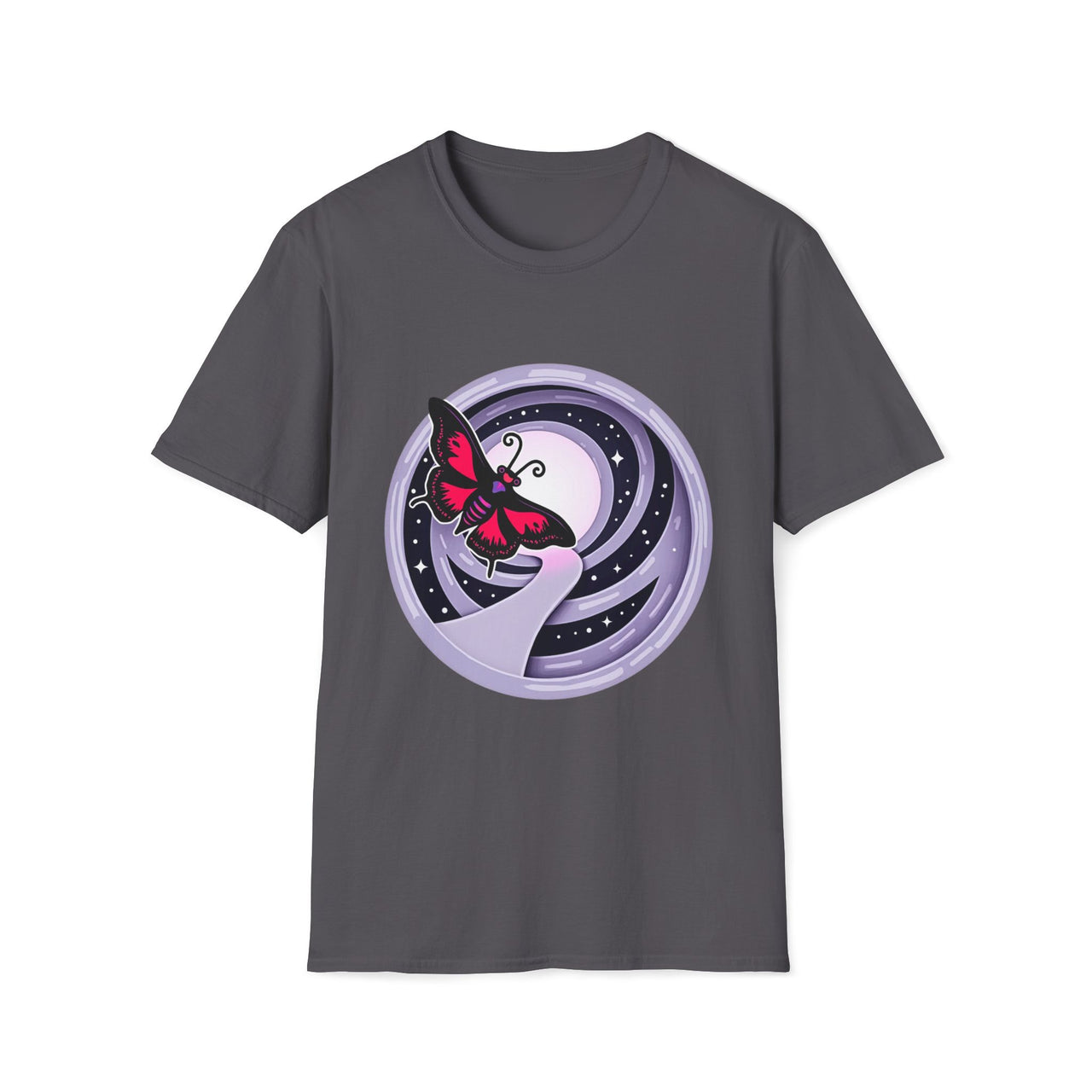 Macabre Threads Charcoal Mystical Flight T-Shirt – Gothic Butterfly Moon Graphic Tee