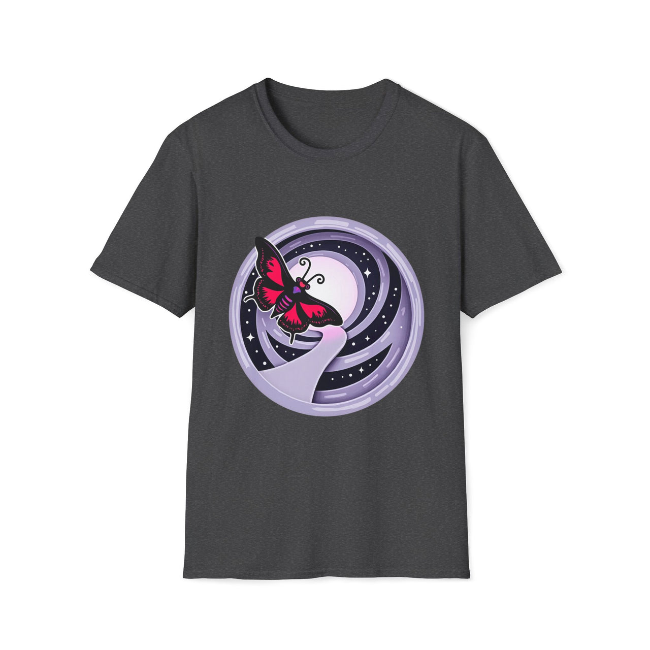 Macabre Threads Dark Heather Mystical Flight T-Shirt – Gothic Butterfly Moon Graphic Tee