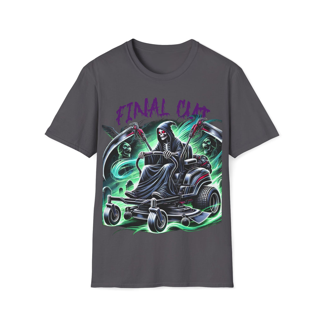 Macabre Threads Charcoal Final Cut – Grim Reaper Lawn Mower T-Shirt