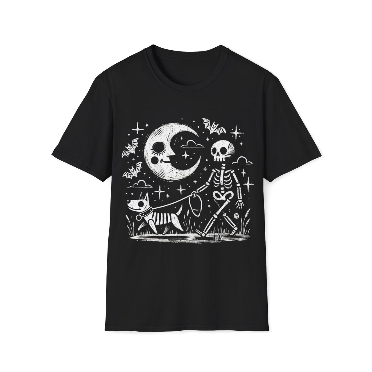 Macabre Threads Black Midnight Stroll T-Shirt – Whimsical Gothic Skeleton and Dog Design