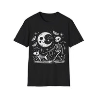 Macabre Threads Black Midnight Stroll T-Shirt – Whimsical Gothic Skeleton and Dog Design