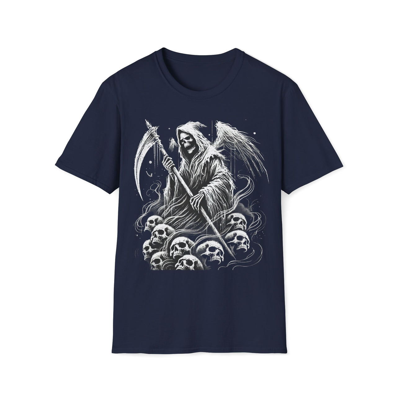 Macabre Threads Navy Death’s Dominion – Grim Reaper Skull Pile T-Shirt
