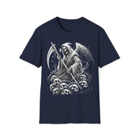 Macabre Threads Navy Death’s Dominion – Grim Reaper Skull Pile T-Shirt