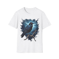 Macabre Threads White Raven Storm T-Shirt – Gothic Raven Lightning Graphic Tee