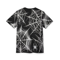 Macabre Threads Widow’s Veil All-Over Print T-Shirt – Gothic Web Elegance Tee