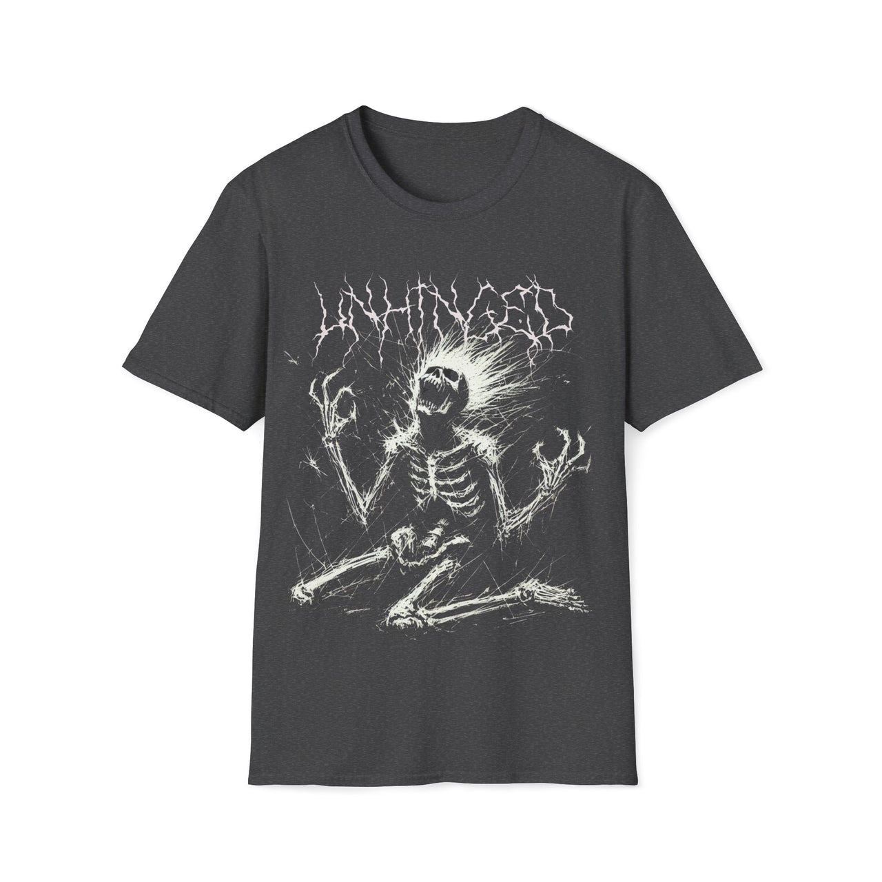 Macabre Threads Dark Heather Unhinged T-Shirt – Screaming Skeleton Shock Tee