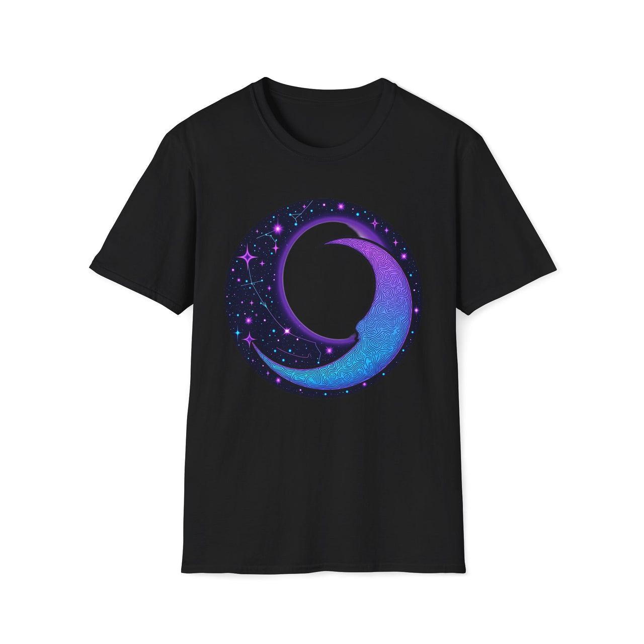 Macabre Threads Black Lunar Whimsy – Cosmic Moon Swirl T-Shirt