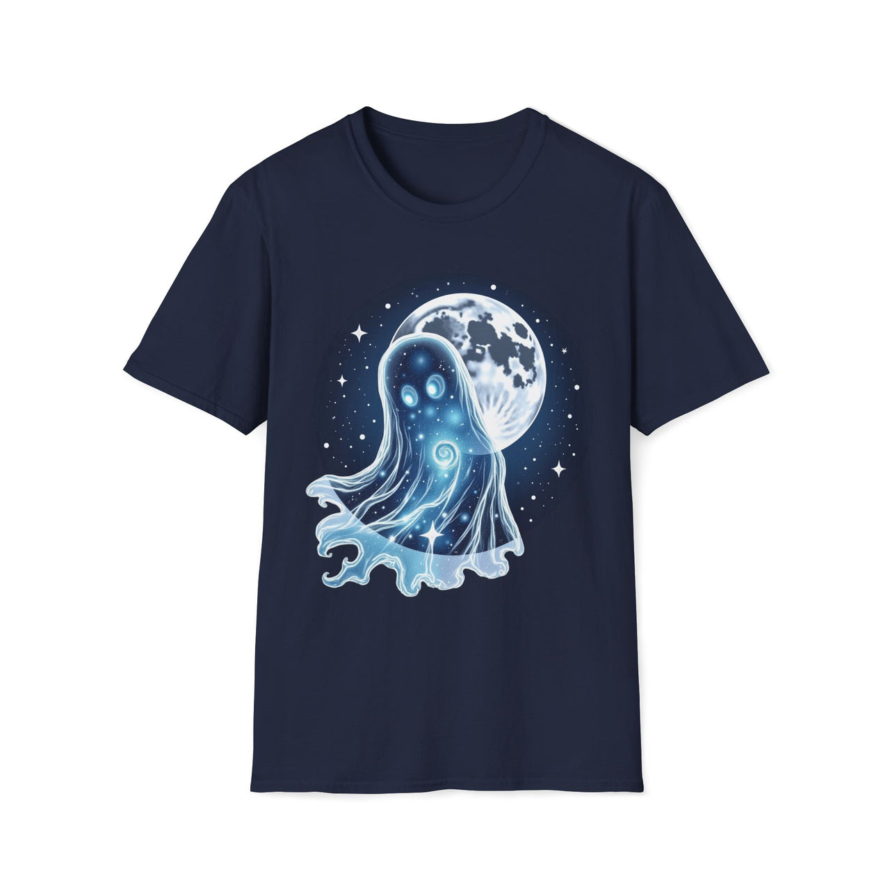 Macabre Threads Navy Lunar Apparition T-Shirt – Cosmic Ghost Moon Graphic Tee
