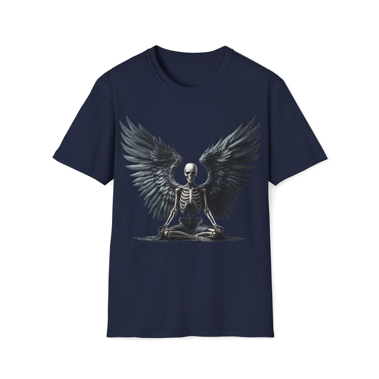 Macabre Threads Navy Meditative Grace T-Shirt – Skeleton Angel with Wings Design