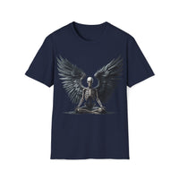 Macabre Threads Navy Meditative Grace T-Shirt – Skeleton Angel with Wings Design