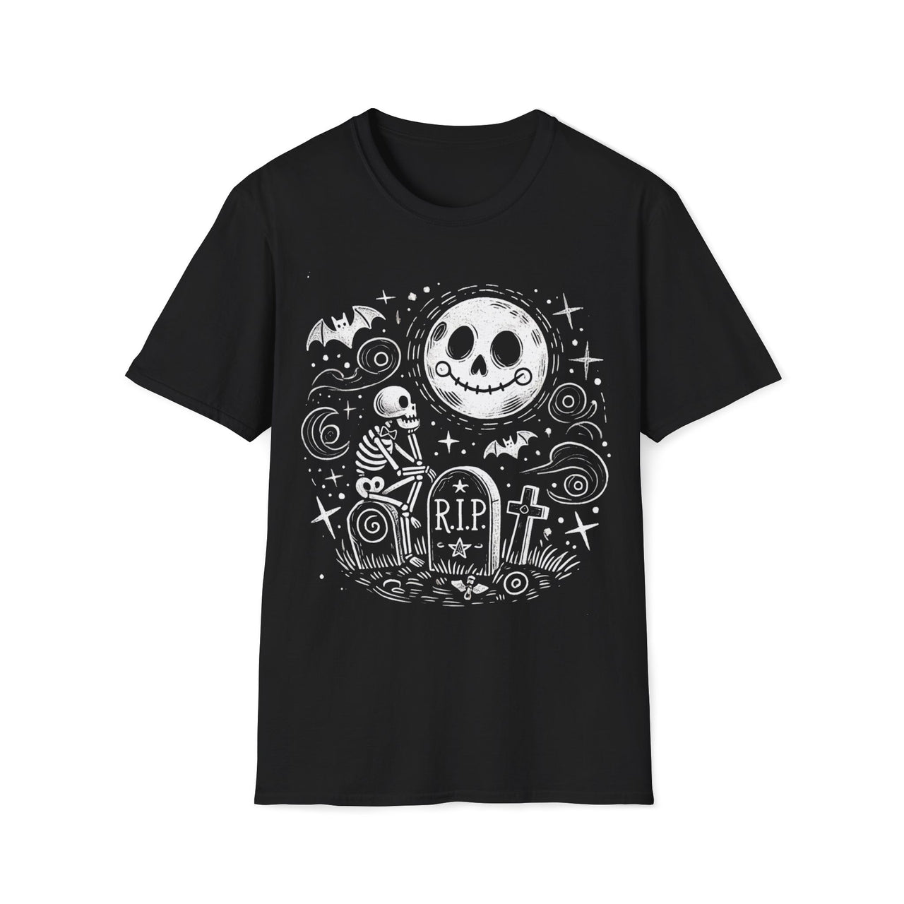 Macabre Threads Black Moonlit Vigil T-Shirt – Whimsical Gothic Skeleton and Moon Design