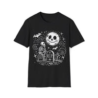 Macabre Threads Black Moonlit Vigil T-Shirt – Whimsical Gothic Skeleton and Moon Design