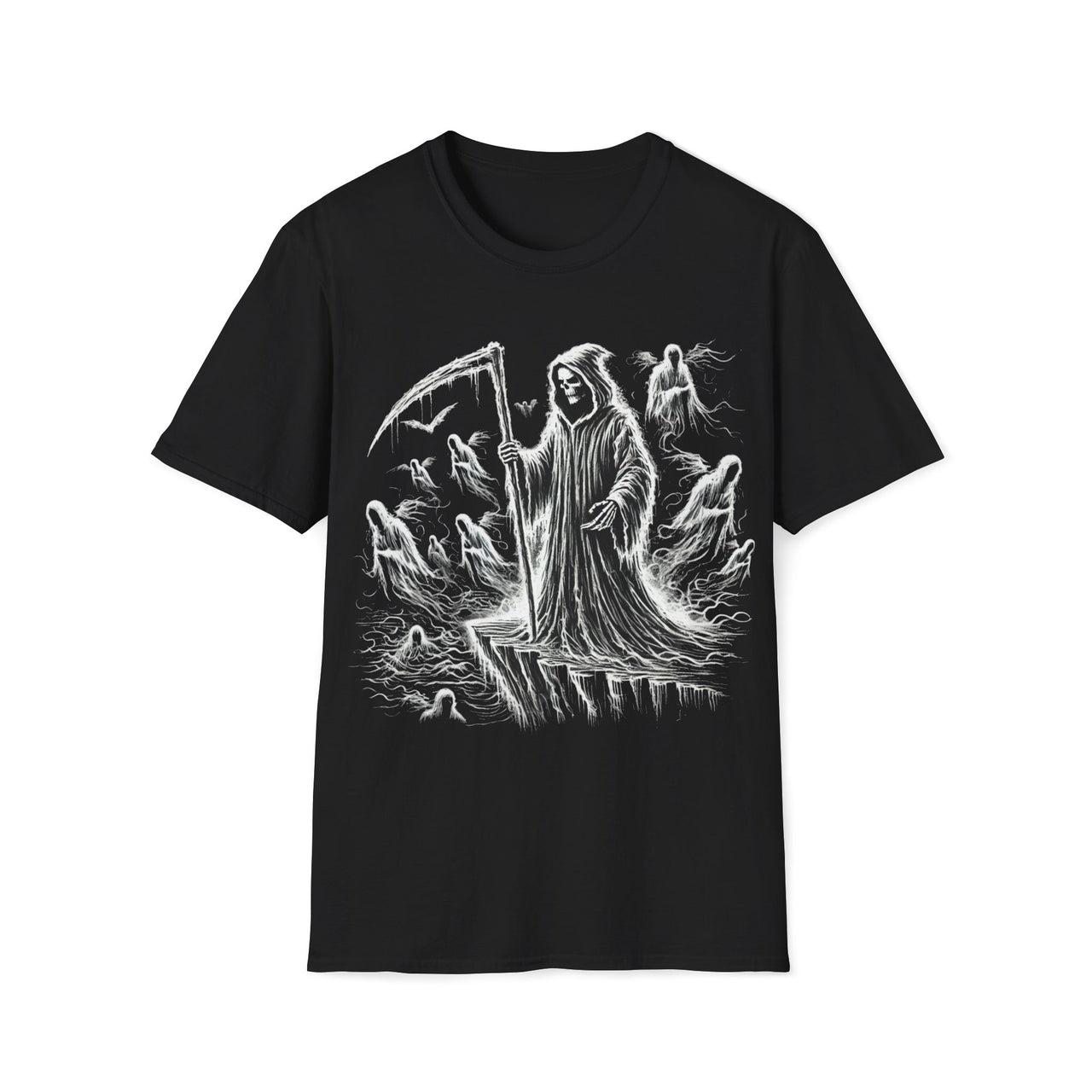 Macabre Threads Black Abyss Beckons – Grim Reaper Cliffside T-Shirt